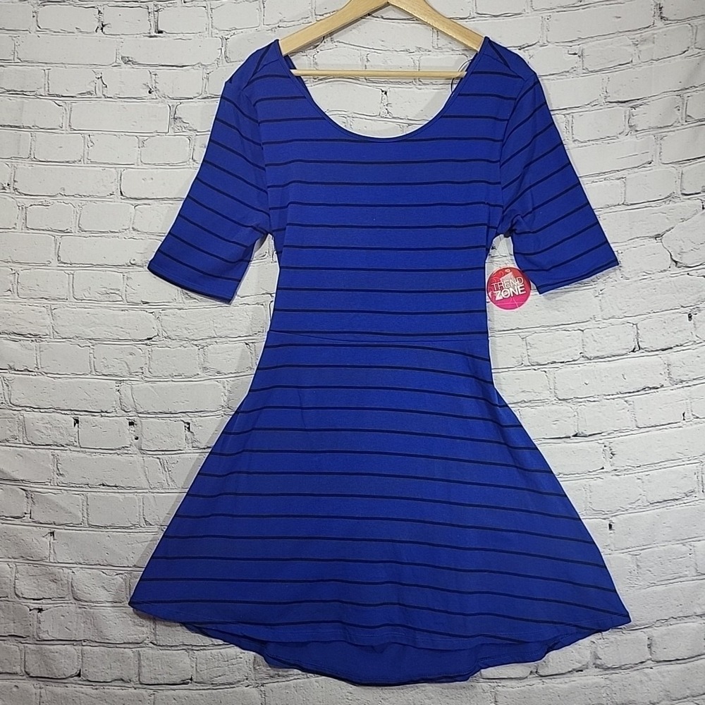 Vintage Bongo Scoop Neck Skater Dress Jr XL‎ Y2K  Blue Black Cross Back New
